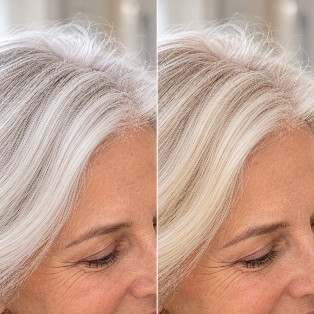 Silver hair at the hairline, one side clean silver, one side with a yellow cast