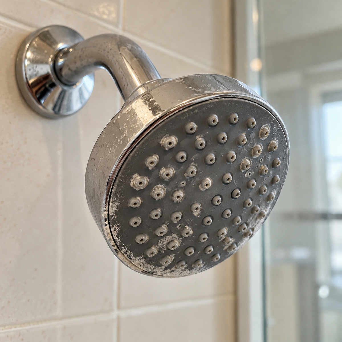 Shower head with white crust around the nozzles