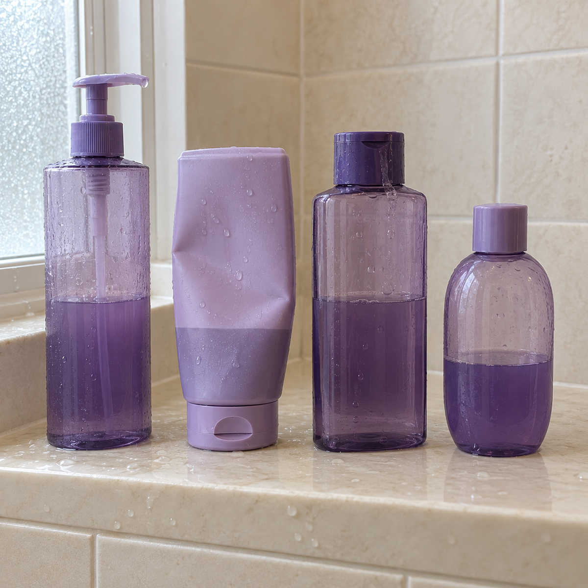 Half-used bottles of purple shampoo on a shower ledge