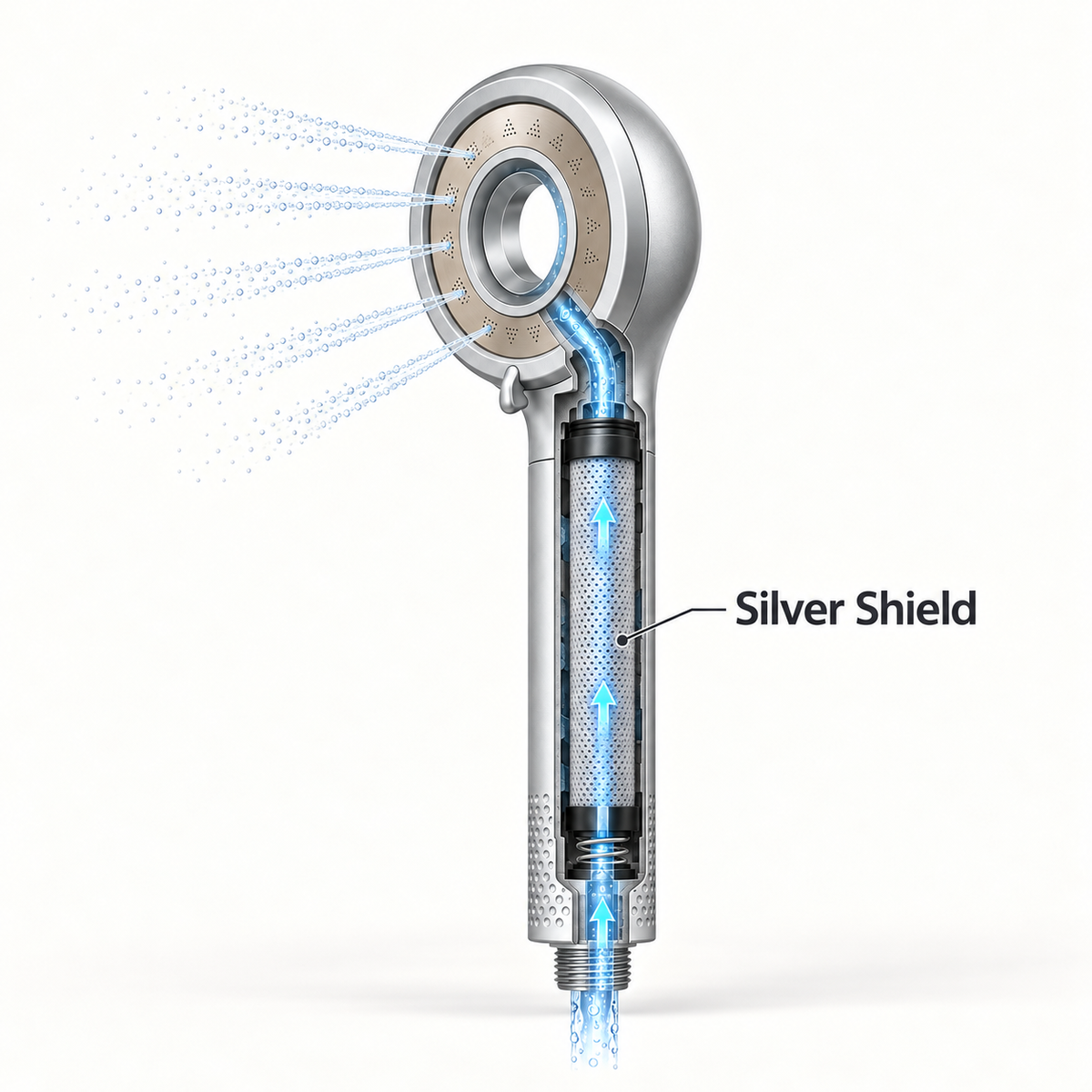 Cutaway of the Graesil handheld showing water passing through the Silver Shield cartridge