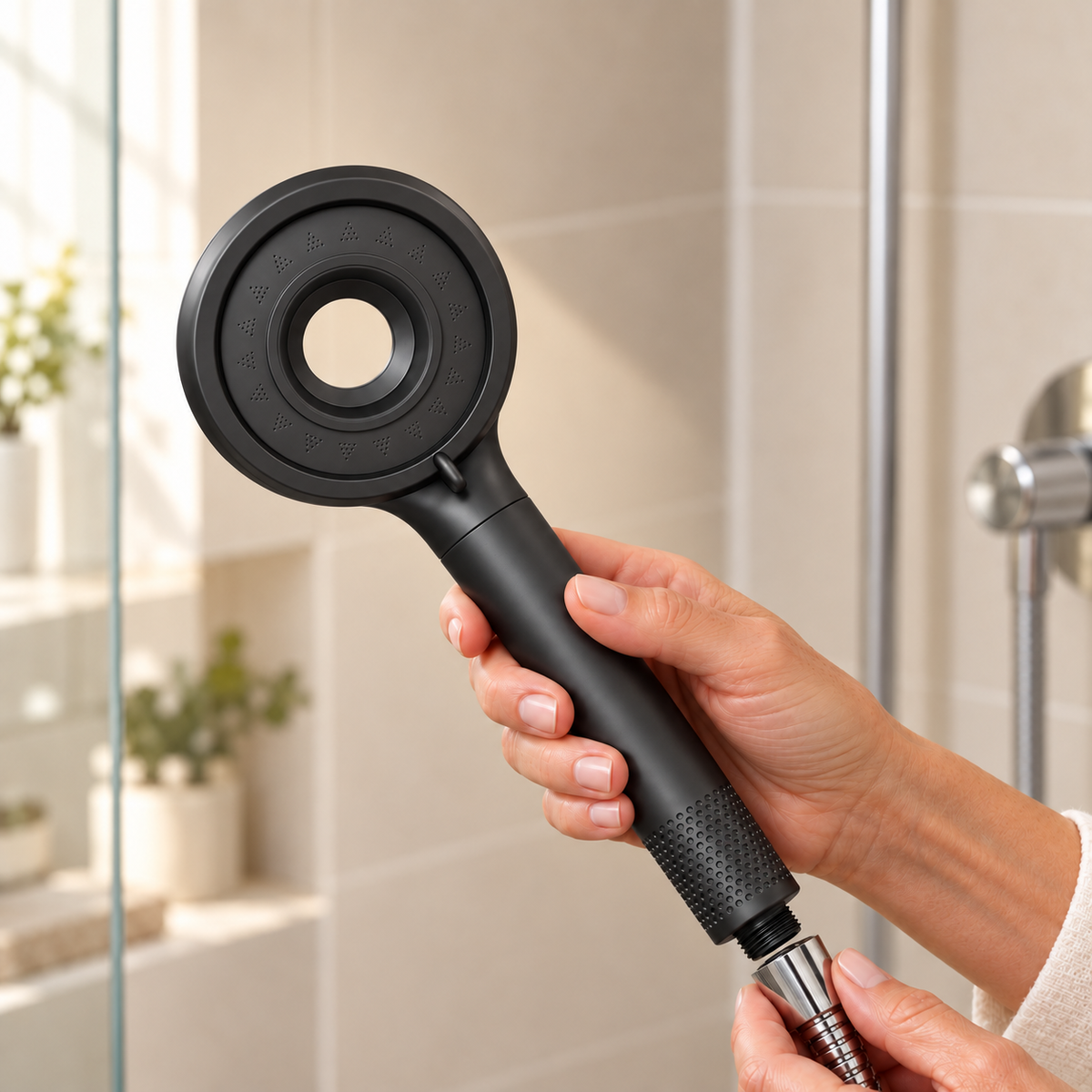 Hands installing the Graesil handheld shower head without tools
